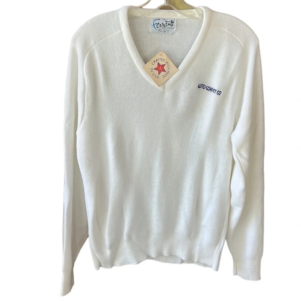 Ferranti Vintage New w Tag Men’s M Off White V Neck Sweater Blue Logo Embroidery